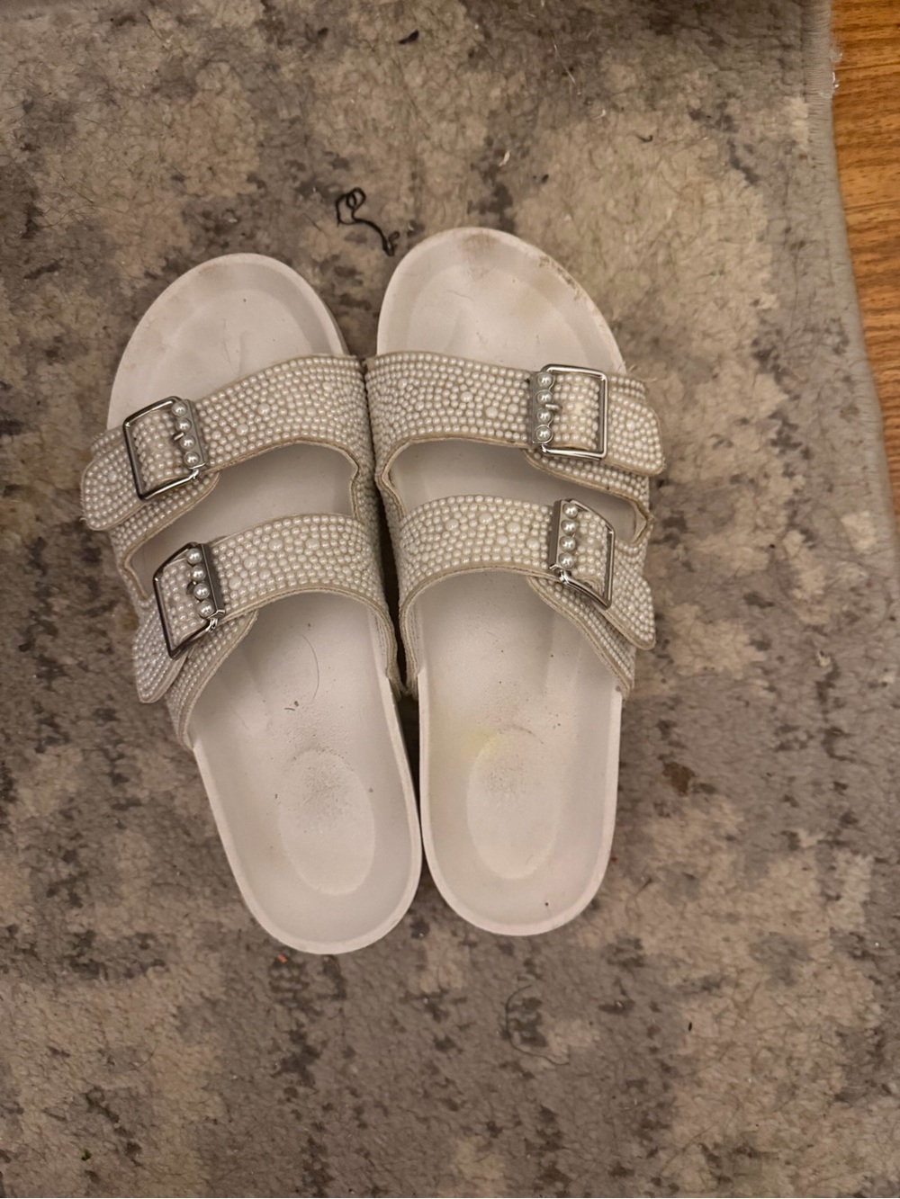 Steve Madden White Rhinestone Double-Buckle Slide Sandals